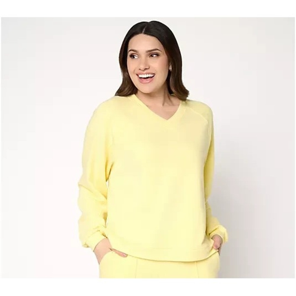 AnyBody Cozy Knit French Terry V-Neck Top Heather Yellow, Large
